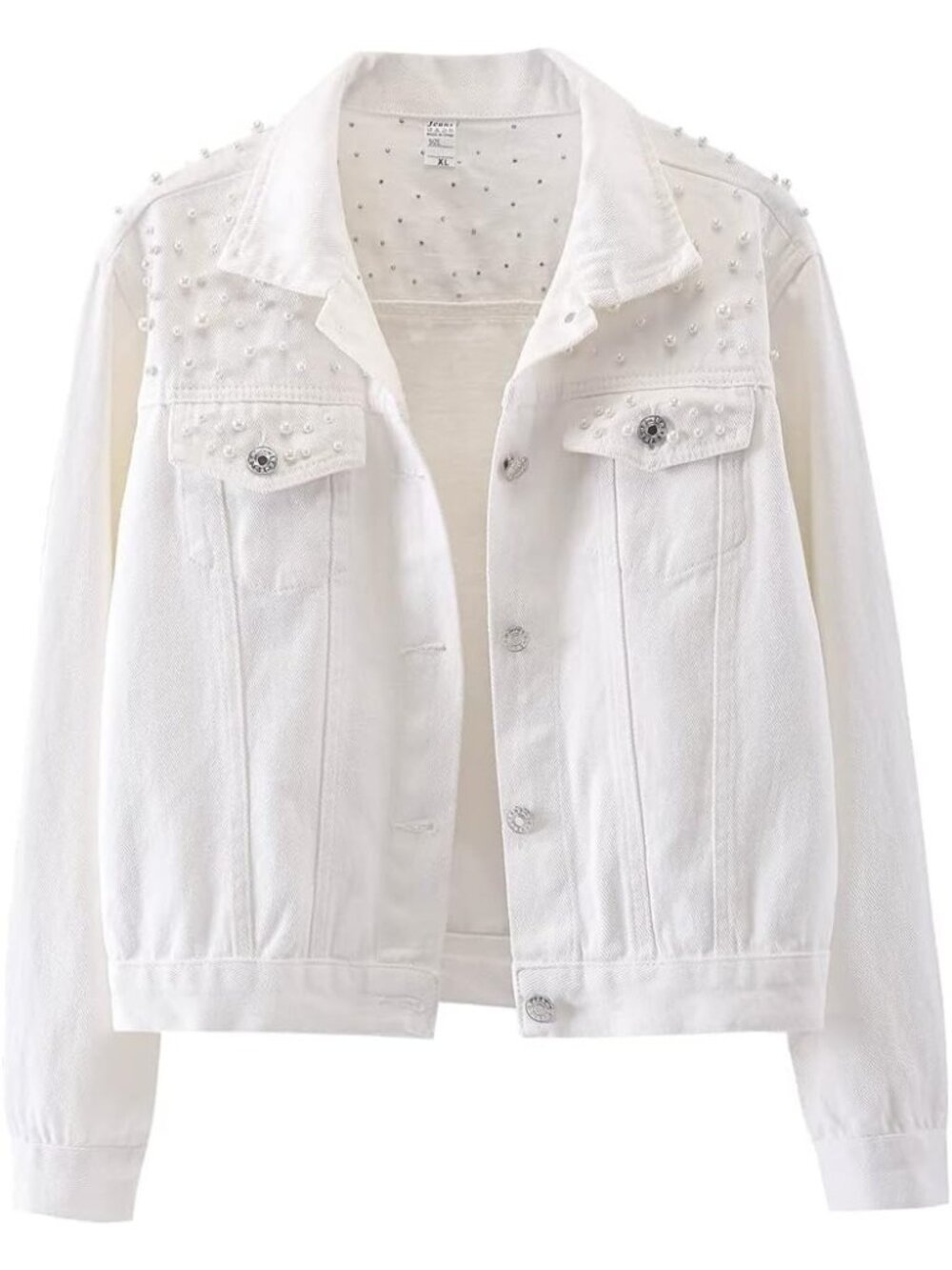 Women's White Oversized Denim Jacket Embroidered Pearls Beading Jeans Coat